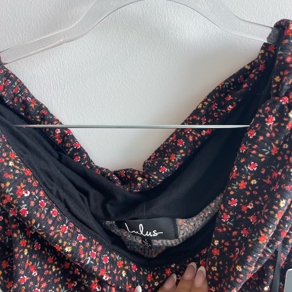 Lulu's Black Floral Cowl Neck Bodysuit - Picture 3 of 4